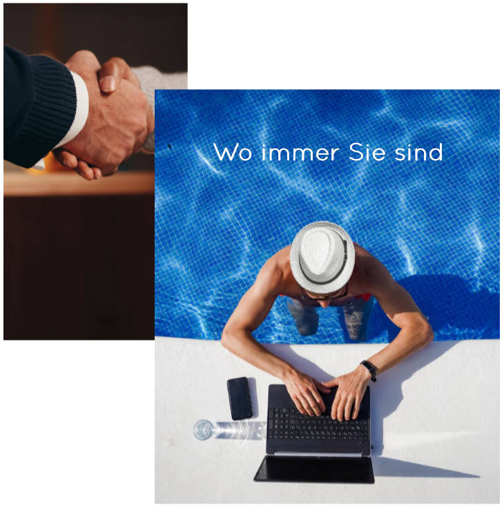 Handschlag als Symbol für Geschäftspartnerschaft und Mann arbeitet flexibel mit Laptop im Pool