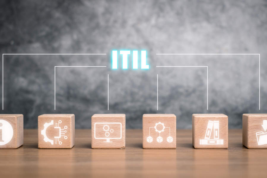 Holzwürfel mit IT-Symbolen und der Aufschrift ITIL als Visualisierung für die Standardisierung von IT-Prozessen und Services