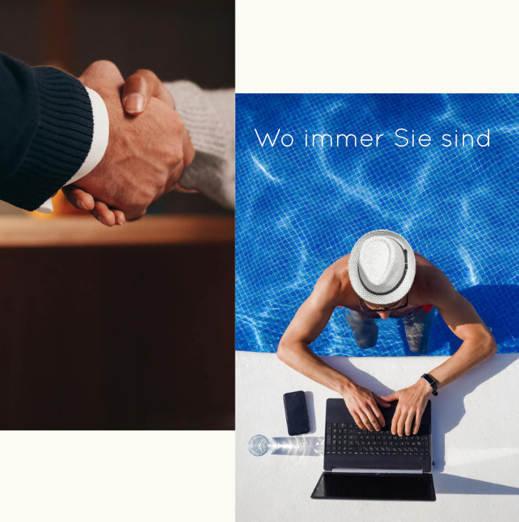 Handschlag als Symbol für Partnerschaft, dazu Mann arbeitet mit Laptop am Pool